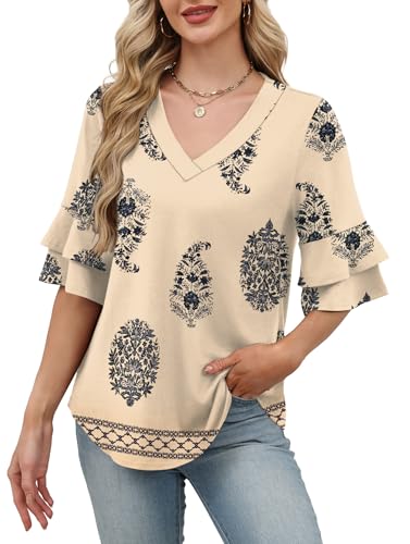 Image of OFEEFAN Spring Tops for Women Boho Shirts Fashion Clothing Cute 3 /4 Length Sleeve Blouses Dressy Casual Summer Outfits