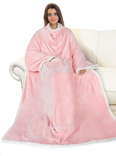 Image of Catalonia Sherpa Wearable Blanket with Sleeves Arms,Super Soft Warm Large Fleece Plush Sleeved TV Throws Wrap Robe Blanket for Adult Women and Men Grey