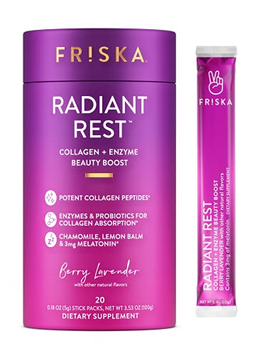 FRISKA Radiant Rest Collagen Peptides, Melatonin, Probiotics and Digestive Enzymes Powder Supplement for Women | Sleep Aid and Beauty Boost | 20 Stick Packs