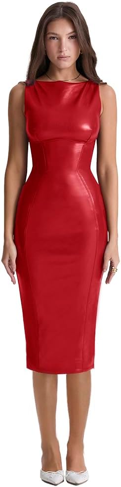 XLLAIS Sleeveless PU Sheath Dress Faux Leather Bodycon Midi Pencil Dress