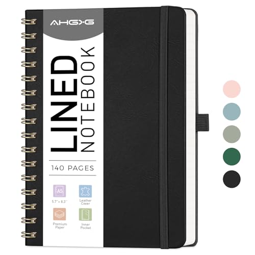 Image of AHGXG Lined Spiral Notebook Journal for Women, 140 Pages Hardcover Leather Notebook College Ruled, A5 5.7" x 8.3", 100 GSM Thick Paper, Notebooks for School Work, Journals for Writing, Black