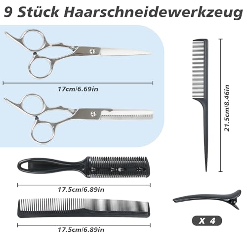 Hengxinchen 9 Stk Friseurschere Set, 6,7 Zoll Haarschneideschere Profi Set, 2-in-1 Haarschere Friseurschere, Schere Haare Schneiden Set für Männer Frauen Kinder Haustiere Hund Home Salon Barbier