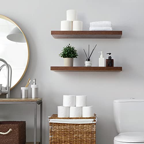 Oak Floating Shelves, 8 Inch Deep Wooden Shelves For Wall Set Of 2, Farmhouse Rustic Floating Shelf Wall Mounted 24 Inch Long Wall Shelves For Kitchen Bathroom Living Room Bedroom, Walnut Color #TOP5