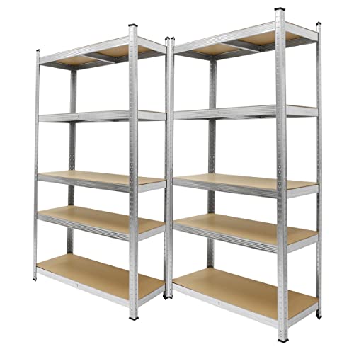 ECD Germany Juego De 2 Estanterías Para Cargas Pesadas 200x100x50 cm De Metal Galvanizado Con 5 Estantes De Madera Tableros MDF Cargable Hasta 750kg Montaje Sin Tornillos Banco De Trabajo Taller