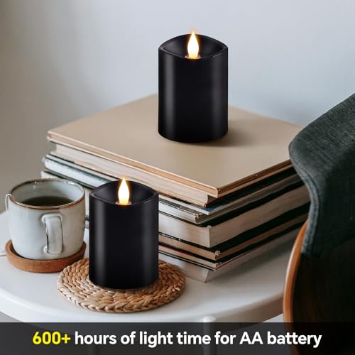 Image of 3x4 Flickering Flameless Candles Set of 2,Real Wax Pillar led Candles Flickering,with Timer,4 inch Flameless Candles with Remote,Battery Operated Candles,for Party Holiday Home Decor,Black