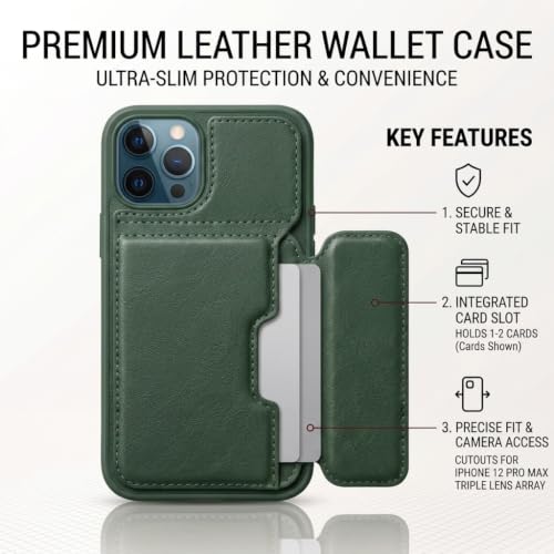 Image of amazon basics Luxury Vegan Leather Back Cover for iPhone 11 Pro Max | Built-in Card Holder Slot | Integrated Mobile Stand | Slim Shockproof Protective Case with Stitched Finish - Green