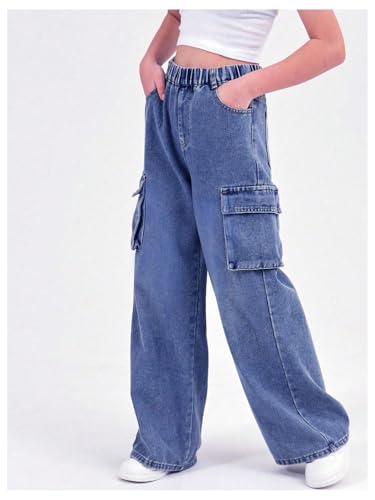 Verdusa Girl's Loose Wide Leg Denim Cargo Pants Elastic Waist Jeans with Pockets3