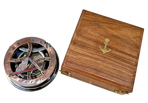 Brújula antigua grande con sundial, caja de caoba miniatura 4