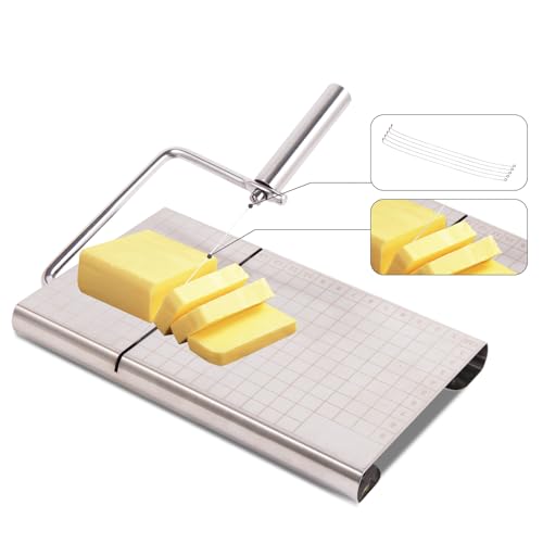 Cortador de queso con cordón de metal, cortador de queso de acero inoxidable para rebanador de queso blando, pasteles, mantequilla, herramienta de cocina con escala de precisión, tabla de cortar de