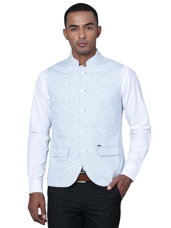 Men's Printed Grey Mandarin Collar Waist Coat-image-1