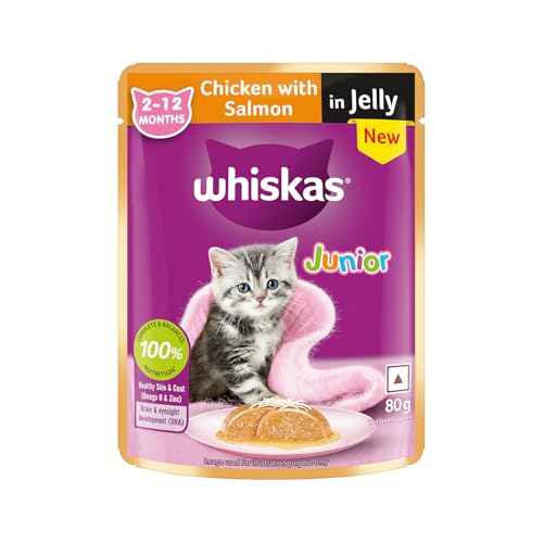 Image of Whiskas Junior Kitten (2-12 Months) Wet Cat Food, Chicken with Salmon in Jelly, 80 g, Hydrating Food Made with Real Fish, 100% Complete & Balanced Nutrition for Kittens