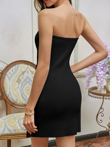 Image of Wenrine Womens Sexy Tube Top Dress Strapless Self Tie Wrap Asymmetrical Hem Knit Summer Party Mini Dresses