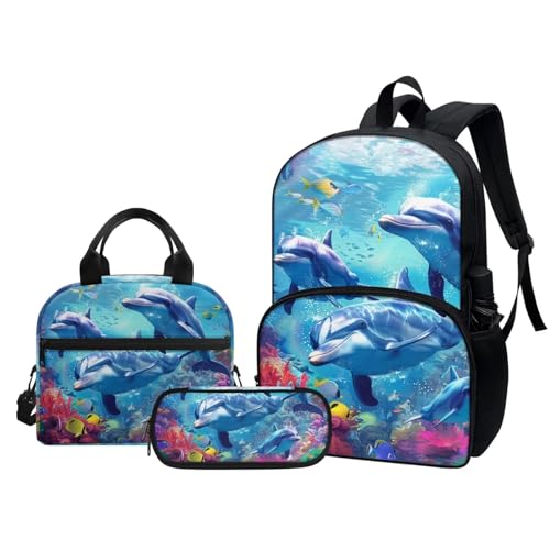 Kids Backpack Set 3 in 1 School Bag Set for Girls Boys Ocean Dolphin Backpack for Kids 5-7 with Lunch Box Pencil Case Camping Travel Bag Set