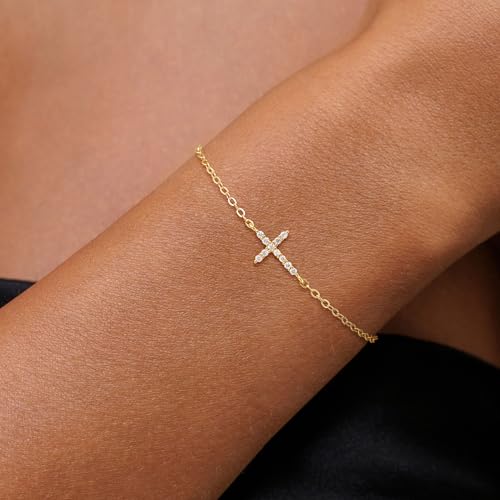 Gold Cross Bracelet for Women, Dainty 14k Gold Plated CZ Cross Jesus Charms Love Knot Bracelets Trendy Thin Pearl Link Paperclip Double Chain Bracelets Simple Christian Baptism Jewelry2