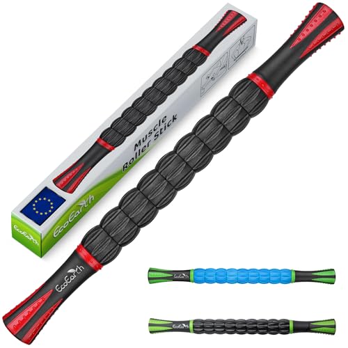 EcoEarth - Muskelroller-Stick - 44 x 4 cm, Rot, 1 Packung - Lymphdrainage-Massagegerät für Arm, Schulter, Rücken und Bein - Myofasziales Entspannungs-Faszienmassagegerät