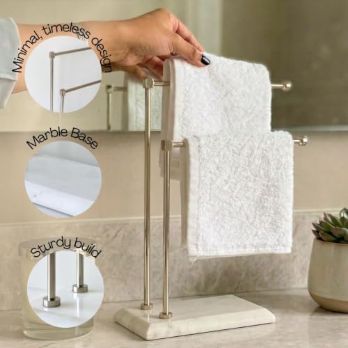 Image of MASON HOME Melrose Hand Towel Stand - White & Silver 1pc |Heavy Marble Base | Easy to Use | Bathroom - Kitchen - Bedroom - Washbasin | Towel - Kitchen Roll - Paper Towel | Decor | Organizer | Stand