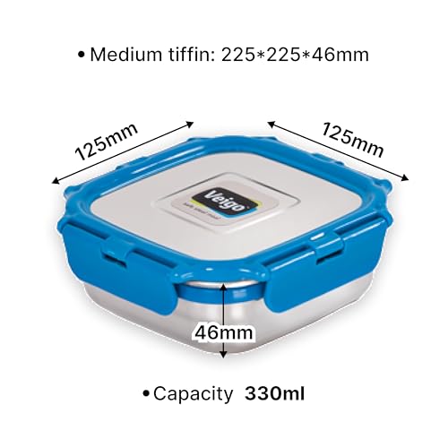 Image of Veigo Stainless Steel Snack Box 300 ml, Airtight Leakproof Kids Tiffin for School & Office, Freezer Dishwasher Safe, Silicone Ring Polymer Frame, Safe Lid Lock, Compact Lunch Box - Dark Blue, Medium