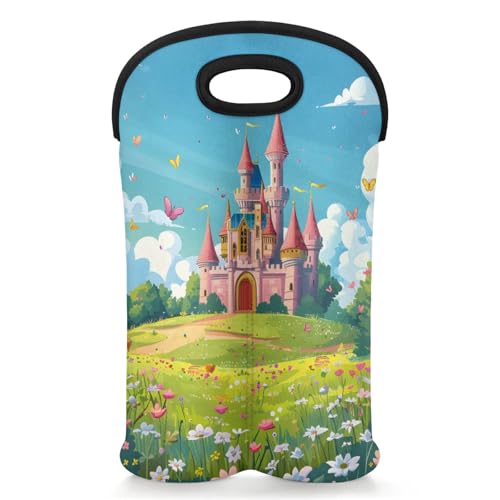 GzLeyigou 2 Bottles Garden Castle Wine Bag Sleeve Totes Neoprene Protective Wine Carrier Bag for Wine,Water, Champagne, Beer, Baby Bottles,Gift 14.5 x 10 Inches