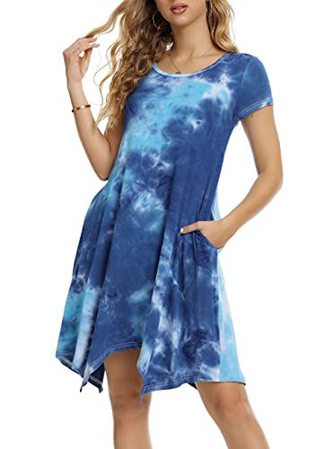 Image of Women Casual Loose Soft Crewneck Short Sleeve Pockets Swing T-Shirt Dress