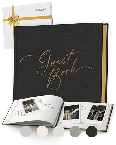 ARTESORI Black Wedding Guest Book — Gold-Foiled Blank Guest Book for Wedding Reception, Funeral Guest & Baby Shower to Sign in — Linen Photo & Polaroid Guest Book, Elegant Guestbook