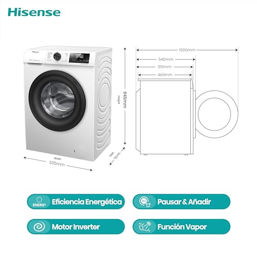Hisense WFQP8014EVM - Lavadora con Vapor, Clase A, Carga Frontal 8 Kg, 1400 rpm, 16 Programas, Control de balanceo inteligente del tambor, Display LED, Programa rápido, Bloqueo Infantil, Blanco - imagen 2