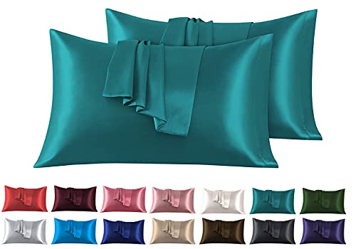 Set di 2 Federe in Raso 50 x 80 cm Verde Acqua, Federa Cuscino Letto Morbida e Setosa al Tatto, Chiusura a Busta, Antiacaro e Ipoallergico, Protezione Capelli e Pelle & Antirughe