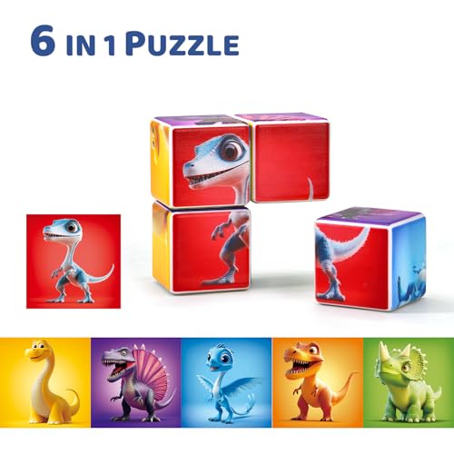 Image of Pairez Toys Magnetic Blocks for Toddlers, Dinosaur Toys Puzzle Cubes for Kids, Sensory Toys for Kids Ages 1-3 Year Old Boys & Girls, 6 Dinosaur Building Ideas
