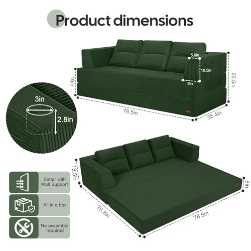 Image of COMAX Futon Sofa Bed, Convertible Sofa Bed, Folding Boneless Couches | Boneless Couch for living room, Fold Out Small Foldable Loveseat Floor Sleeper Mattress Lounge Space‑Saving, Queen 79 inch