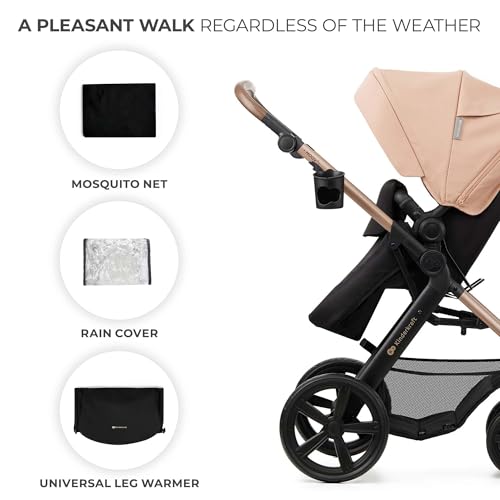 Kinderkraft MOOV2 Kinderwagen 4 in 1 Kinderwagenset bis 22 kg mit Kindersitz I-SIZE 40-75 cm, Buggy Funktion, Liegeposition verstellbar, Große ausziehbare Verdeck, Eva-Schaum-Räder, Beige