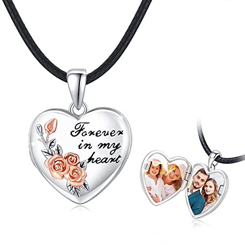 S925 Sterling Silver Rose Flower Heart Shape Locket Necklace for Women Girls, Photo Picture Locket Necklace That Holds Pictures Valentine's Day Thanksgiving Christmas Birthday Jewelry Gifts