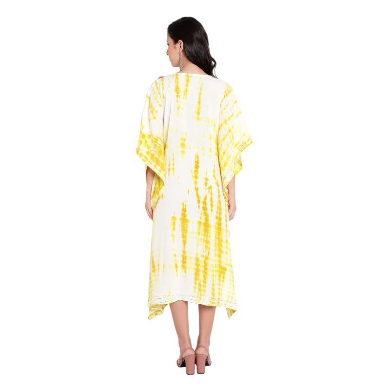 Image of Girls /Women Rayon Cotton Tie And Die Printed Kaftan Yoke Embellished Embroidery Kurti Gown Dress | Kurta /Kaftan for Women & Girls
