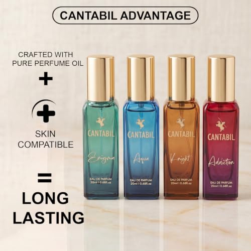 Image of Cantabil Eau De Parfum Gift Set for Men & Women | Pack of 4 Perfumes (20ml Each) | Enigma, Aqua, Knight & Addiction | Long Lasting, Skin-Friendly Fragrance Collection