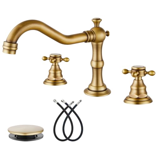 gotonovo 3 Hole Widespread Bathroom Sink Faucet Double Cross Handle Mixer Tap Faucet for Bathroom Sink Vanity Faucet Deck Mount Basin Hot Cold Water Matching Pop Up Drain Antique Brass