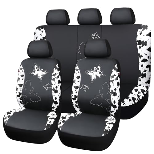 Flying Banner Butterfly car seat Covers ful Set Fashion Universal Lady Woman Female Rear Bench Split Colorized (Full Set - Faux Leather Cow Print)