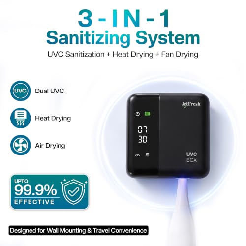 Image of Jetfresh UV Toothbrush Sanitizer Holder & Cleaner with LED Clock Display & Hot Air Drying - Wall-Mounted UV Tooth Brush Holder for Bathroom, Travel, Rechargeable Portable Design, Fits All Brushes