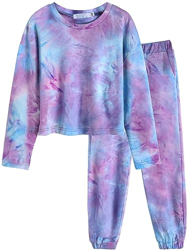 Image of Arshiner Girls 2 Piece Outfits Kids Tie Dye Sweatsuits Set Long Sleeve Shirt and Pants Set Size 5-14 Y