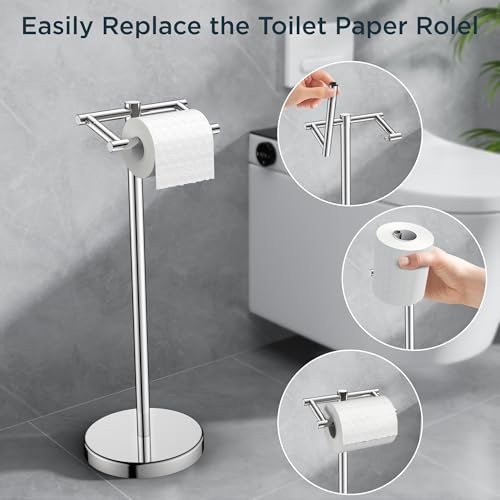 Image of FORIOUS Toilet Paper Holder Wall Mount, Stainless Steel Rustproof Double Post Pivoting Tissue Roll Holder for Bathroom, Commercial Toilet Paper Dispenser Freestanding Toilet Paper Stand, Chrome