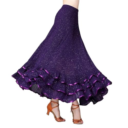 OPIGJUFD Falda de Baile española Vestido Largo de Baile Moderno, vals, salón, competición, Falda Grande con Vuelo, Disfraz, Lentejuelas para Rendimiento(Purple,XL)