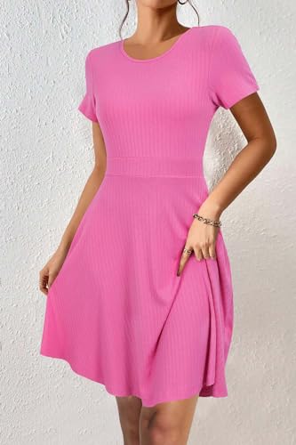Image of Newshows Womens 2025 Summer Dresses Short Sleeve Ribbed Knit A-Line Swing Beach Vacation Outfits Casual Sundress with Pockets