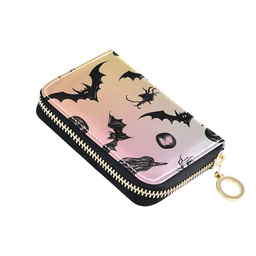 Small RFID Credit Card Holder Wallet with Zipper, Leather Wallet Case for Women Halloween Elements