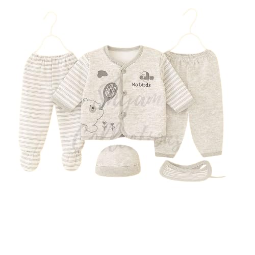 shyamcollections New Born Baby Winter Wear Keep Warm Baby Clothes 5Pcs Sets Cotton Baby Boys Girls Unisex Baby Fleece/Falalen or Flannel Suit Infant Clothes First Gift 1 Baby Bib, 1 Baby Cap, 2 Baby Pajamas, 1 Upper Woolen Winter Wear Complete Clothes Set of 5 Pieces (Grey, 0-3 Months)-picture-48