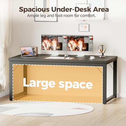 Image of Mericonia 48 Inch Computer Desk, 1 inch Thick Small Office Table, Black | Modern Simple Style, Heavy Duty Industrial Frame, Small Study & Writing Table for Home Bedroom Work