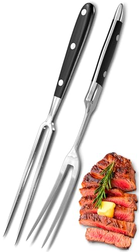 2 Pcs Carving Fork for Meat 12 inch - Stainless Steel Meat Fork with Heat-Resistant Handle for Grilling, Cooking, Serving - Straight and Curved Carving Utensils with Classic Two-Prong BBQ Design