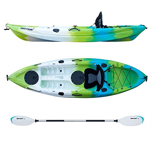 Driftsun Teton 90 Hard Shell Recreational Kayak, Single Person Sit On Top Kayak Package with EVA Padded Seat, Includes Aluminum Paddle and Fishing Rod Holder Mounts