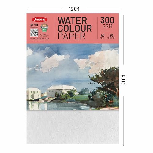 Image of Anupam Professional Watercolour Paper | A5 (21X15CM) 300 GSM Cold Pressed Paper |Acid-Free 20 Sheets| Ideal for Artist, Professional Drawing, Painting Dry & Wet, Fine Art, School, Students
