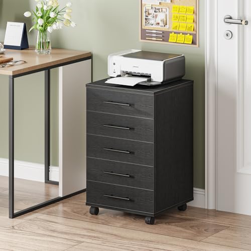 Image of HOOBRO 5-Drawer File Cabinet, Office Cabinet with Drawers, Wooden Storage Cabinet with Wheels for Makeup, Home Office, Study, Easy Assembly, Black BK05WJ01