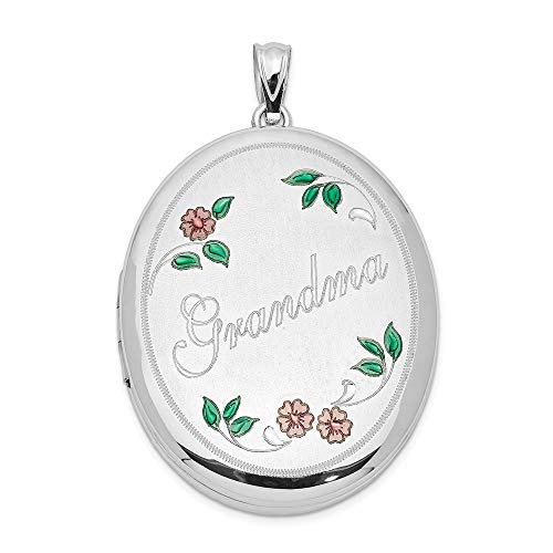 925 Sterling Silver Grandma Enamel Flowers 34mm Oval Photo Pendant Charm Locket Chain Necklace That Holds Pictures Fine Jewelry For Women Gifts For Her
