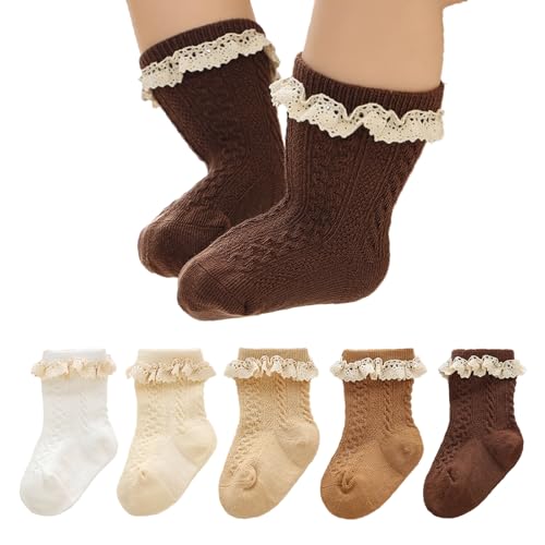 Meeshine 5 Pack Toddler Girls Ruffle Socks Eyelet Lace Trim Cotton Frilly Princess Dress Mesh Ankle Socks for 0-3T Infant