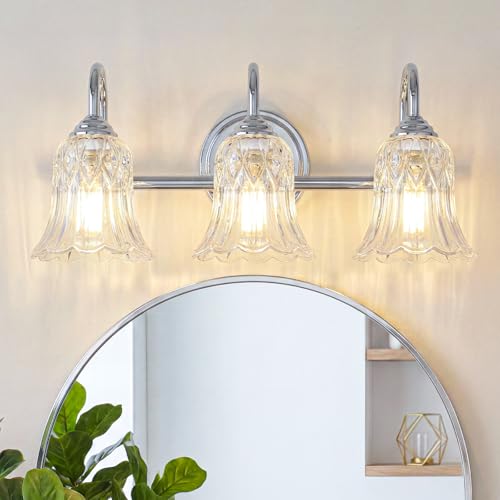 Image of Bathroom Light Fixtures Over Mirror, 3 Lights Vanity Lights with Flower Glass Shade, 18.9 inch Chrome Vintage Bathroom Light Fixtures for Bedroom, Porch, Hotel, Mirror Cabinet