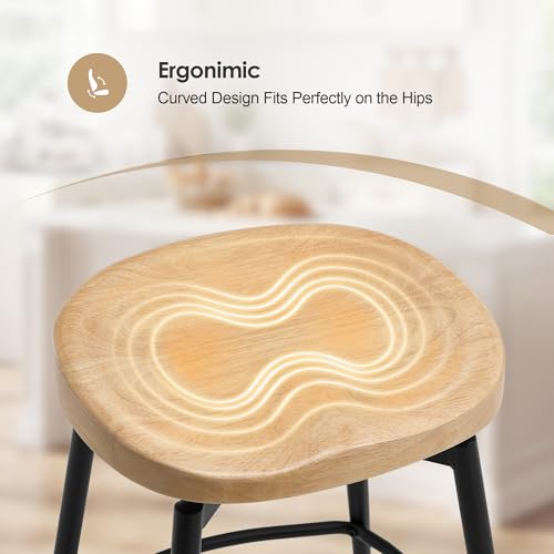 Image of 25 inch Swivel Backless Saddle Bar Stools Set of 2, Unstained Raw Wood | Solid Wood Saddle Seat with Metal Legs, Footrests and Non-Marking Feet for Kitchen Island